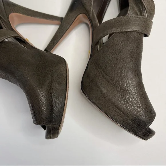 Prada Brown Suede Leather Cutout Peep-toe Stiletto Heels Platform Sz 37 Italy - Picture 14 of 14